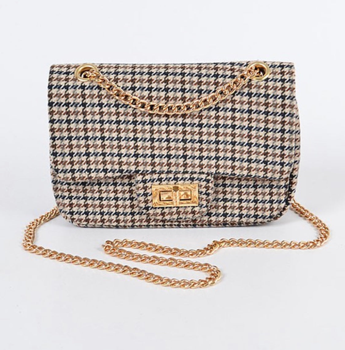 Beige-Brown-Navy-White Plaid Messenger Purse + Gold Details